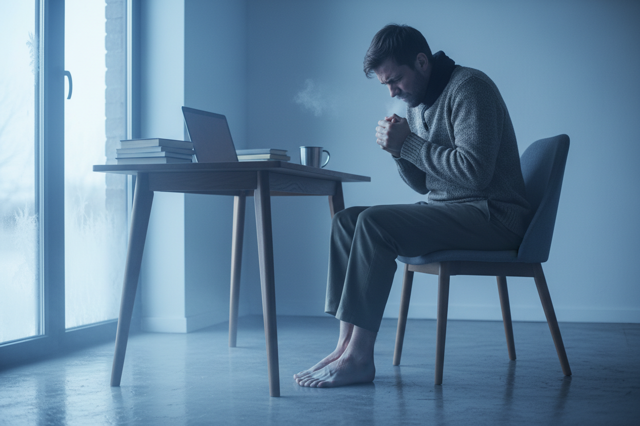 A realistic indoor winter scene showing a person sitting at a home office desk with bare or socked feet on a cold floor, body slightly tense and uncomfortable.

The room feels cold and uninviting — cool blue and grey tones, soft daylight from a window, subtle winter atmosphere.

The person’s posture suggests discomfort: feet pulled in, shoulders slightly hunched, hands rubbing together for warmth.

Visual cues of cold: frosty breath, subtle condensation, pale lighting, cold floor texture.

No heater visible
